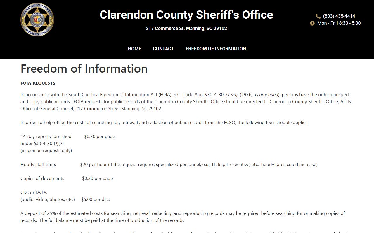 Clarendon County sheriff FOIA inmate records request information