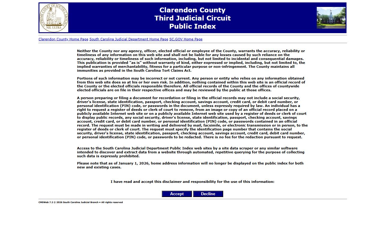 Clarendon County court records after jail arrest Public Index search