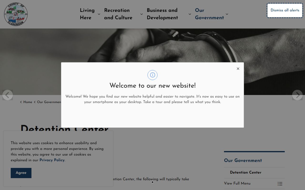 Official Clarendon County Detention Center page with booking, bond, mail, money, and contact sections