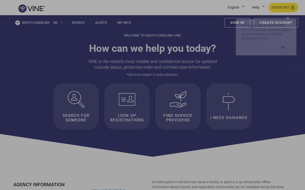 South Carolina VINE Clarendon County inmate population custody notification portal